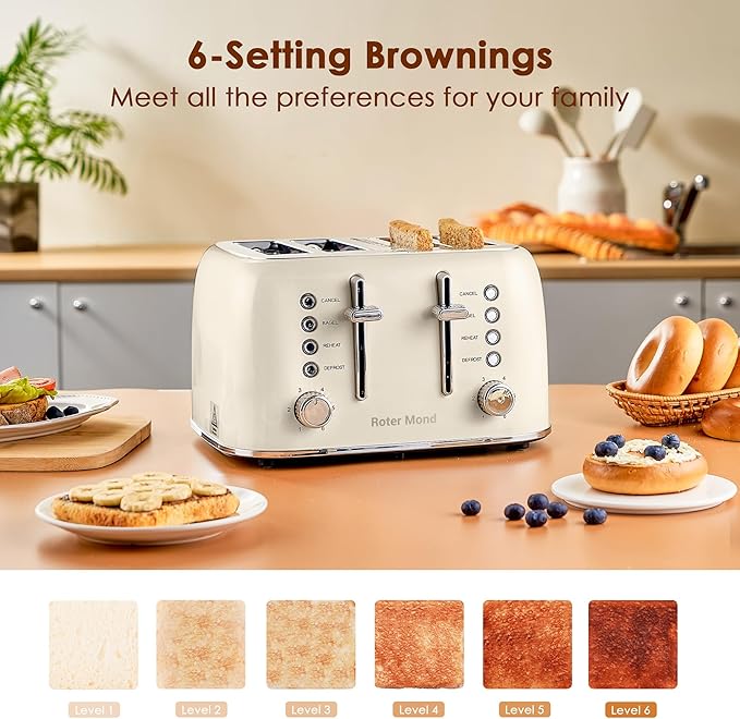 Toaster 4 Slice Retro Stainless Steel with Extra Wide Slots Bagel, Defrost, Reheat Function, Dual Independent Control Panel, Removable Crumb Tray, 6 Browning Levels, Cream White