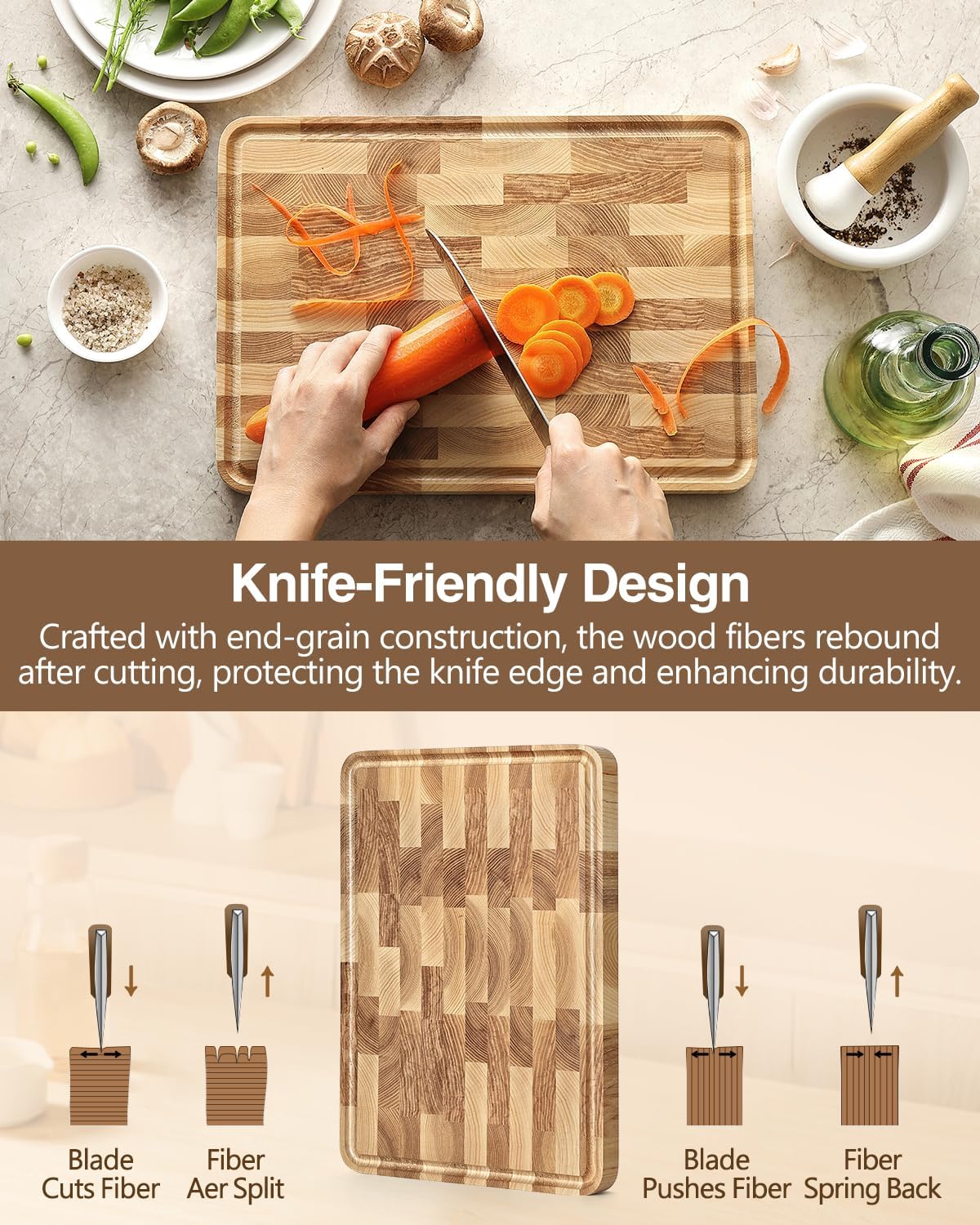 XINZUO Ash Wood Cutting Board for Kitchen, (13.8''L x 9.8''W x 1''T)-End Grain Wood Cutting Board for Meat-Chopping Boards with Slip Feet, Side Handles,Juice Groove