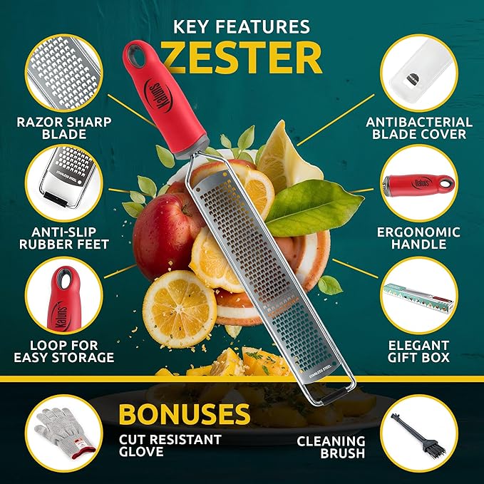 Lemon Zester & Parmesan Cheese Grater - Premium Citrus Zester Graters For kitchen W Stainless Steel, For Chocolate, Garlic, Ginger, Nutmeg, Fruits, Vegetables - Bonus Cleaning Brush & Glove
