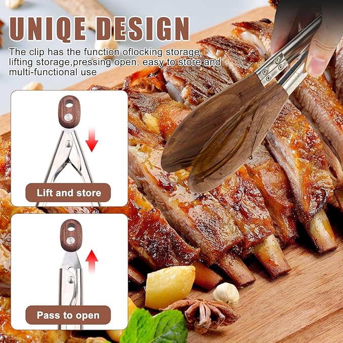 2-pcsTongs for Cooking with Wooden Tips - Nonstick Cooking Tongs & Salad Tongs for Blooming Food，Cooking, BBQ and Tossing Salad - Made of Natural Walnut Wood，Long Style15inch Short Style 11.4inch