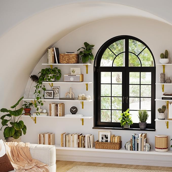 DINZI LVJ Long Wall Shelves, 31.5" Wall Mounted Shelves Set of 4, Large Floating Shelves with Metal Brackets, for Living Room, Bathroom, Bedroom, Kitchen, White and Gold