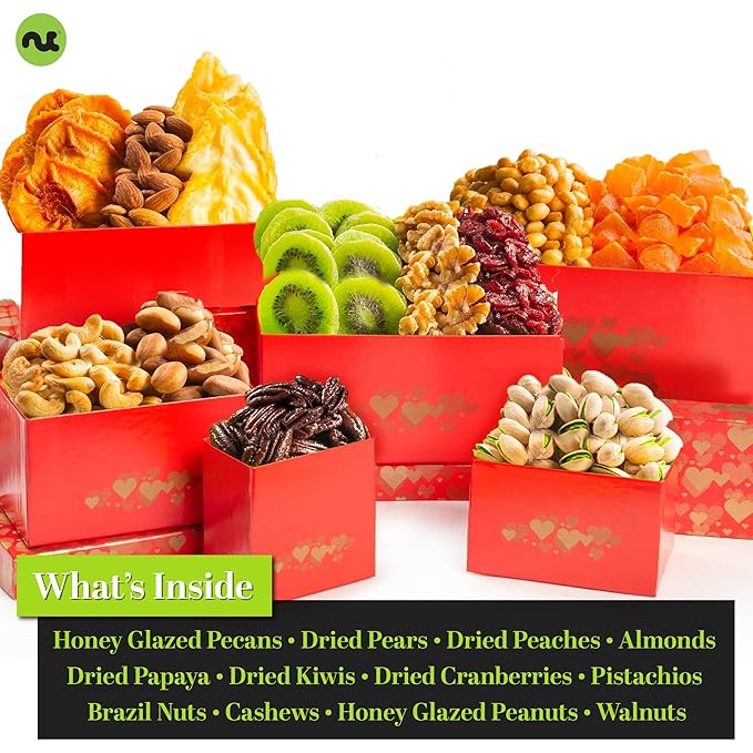 NUT CRAVINGS - Dried Fruit & Mixed Nuts Gift Basket Red Tower + Heart Ribbon (12 Assortments) Food Arrangement, Healthy Snack Care Package, Food Assortments