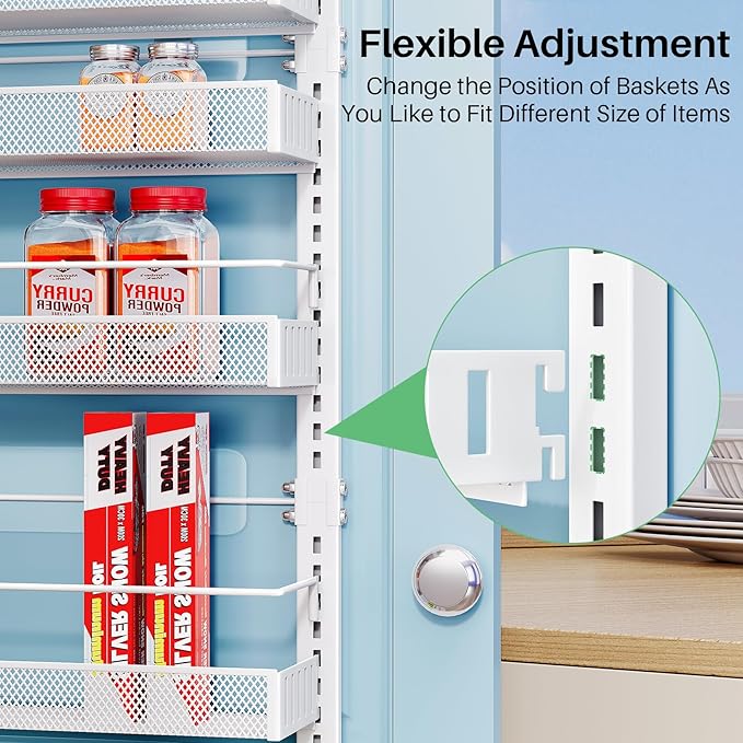 Over the Door Pantry Organizer - 8 Tier Adjustable Hanging Door Spice Rack, Large Capacity for Kitchen Pantry Storage (White)