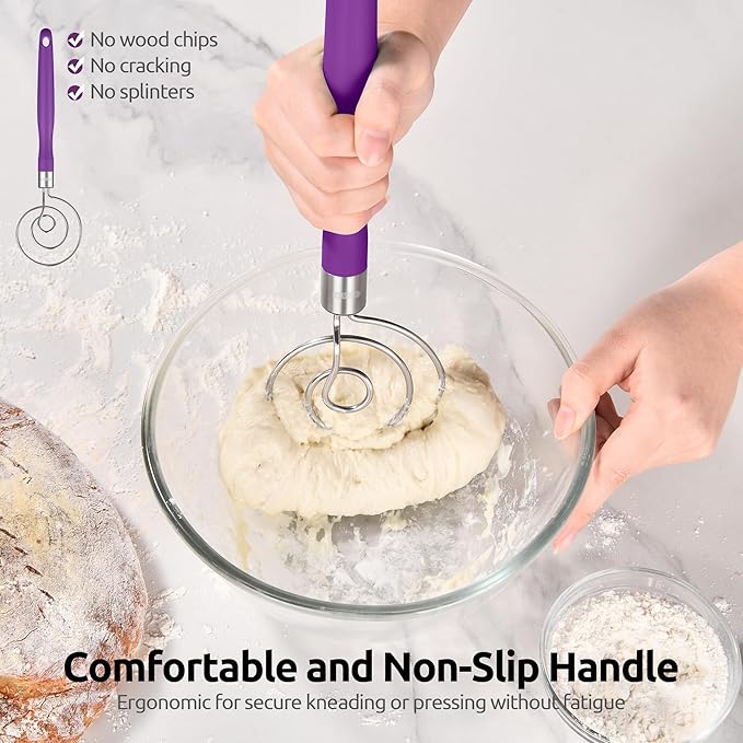 U-Taste 12.6in Danish Dough Whisk: 18/8 Stainless Steel Heavy-Duty Sourdough Mixer Tool, Food Grade Dutch Style Seamless Bread Wisk, Sturdy for Mixing, Stirring, Kneading Thick Batter (Purple)