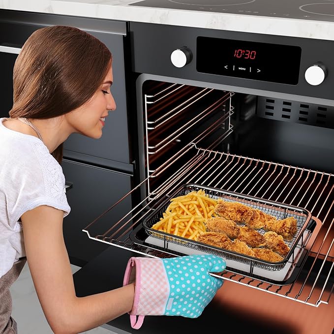 Air Fryer Basket for Oven, OPENICE 15.6" x 11.6" Air Fryer Tray and Pan Set with 30PCS Parchment Papers, Stainless Steel Oven Air Fryer Basket and Tray for Baking Grilling - Black