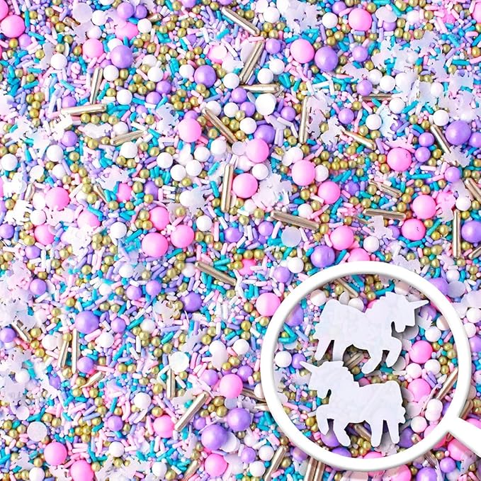 Sprinkle Pop Unicorn Sprinkle Mix| Pastel Pink Purple Blue White Sprinkles with ~20 Unicorn Wafer Paper and Gold Dragees Made in USA for Decorating Princess Birthday Cakes Cupcakes Donuts Cookies, 4oz