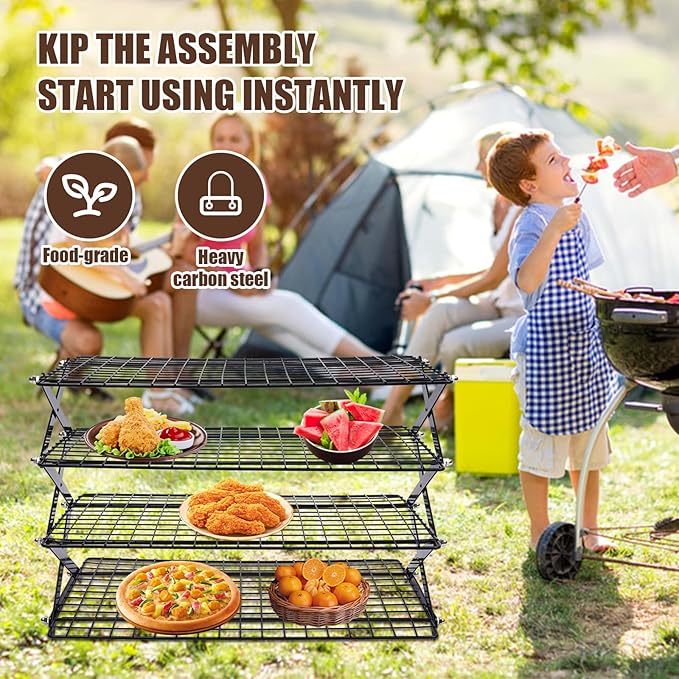 4-Tier Collapsible Cooling Rack – 16" x 10" Adjustable Stackable Non-Stick Wire Rack for Baking, Roasting, Cookies, Cakes, Drying, Picnic & BBQ, Each Tier Holds 22 Lbs