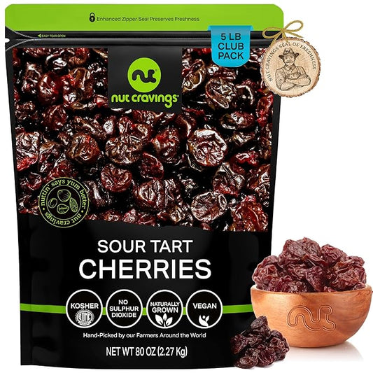 NUT CRAVINGS - Sun Dried Sour Tart Cherries, Lightly Sweetened (80oz, 5 LB) Bulk Dry Fruits Packed Fresh in Resealable Bag - Sweet Healthy Snack, Naturally Grown, Vegan, Kosher
