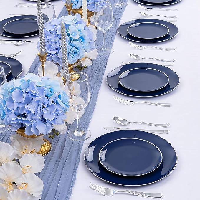 KIRE 200PCS Blue Plastic Plates with Silver Rim - Navy Blue Plastic Plates Include 100 Dinner & Dessert Plate - Heavy Duty Dark Blue Disposable Plate for Parties/Wedding