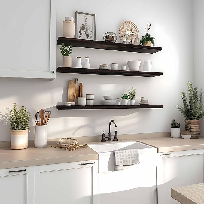 Wood Floating Shelves for Wall Decor, Rustic Wall Shelves for Bedroom Bathroom Kitchen Living Room, Set of 4 Walnut 36 Inch