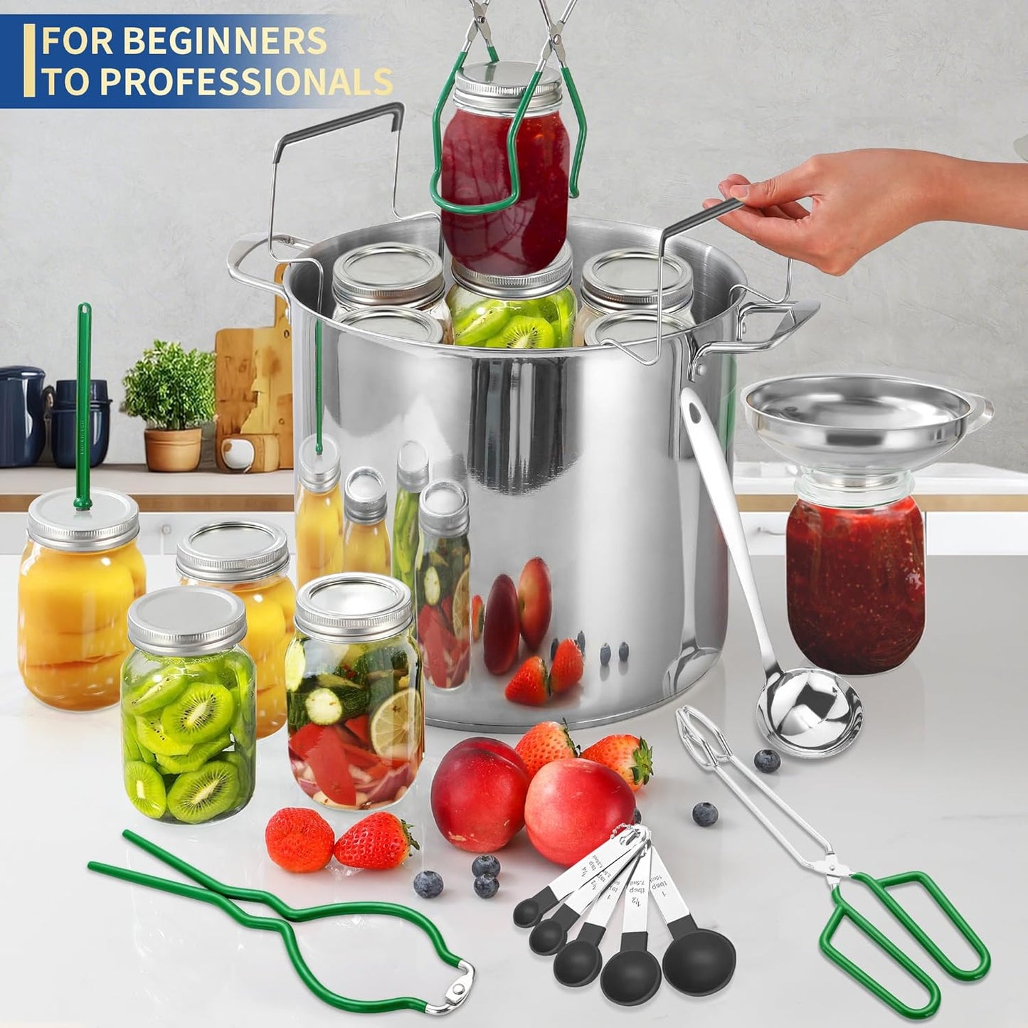 Canning Supplies Starter Kit,Canning Kit for Beginners of 11 with Rack, Jar Lifter，Funnel,Wrench,Tongs,Lid Lifter,Bubble Popper,Labels,ladle,Measuring Spoon-Deep Green