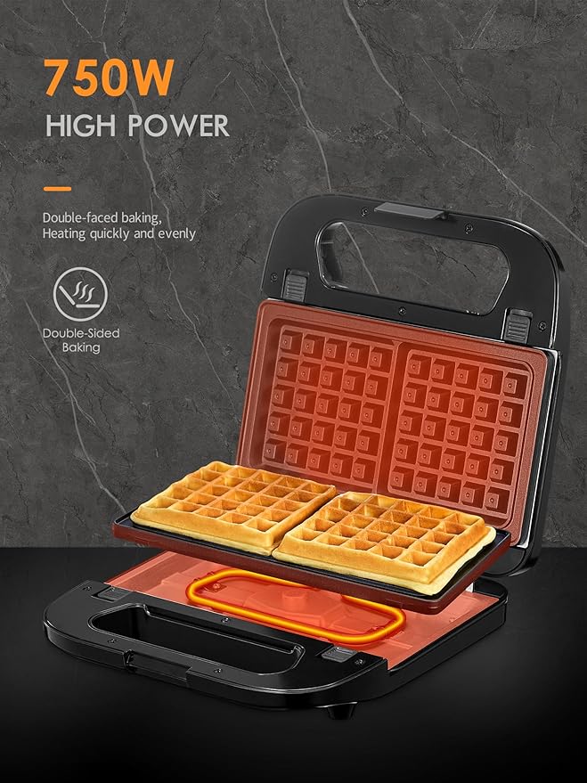 3-in-1 Waffle, Grill & Sandwich Maker, Panini Press Grill and Waffle Iron Set with Removable Non-Stick Plates, Perfect for Cooking Grilled Cheese, Tuna Melts, Burgers, Steaks and Snacks, Black (3 in1 Sandwich Maker With Plastic Handle)