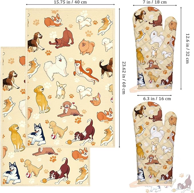 Cute Dogs Kitchen Towels and Oven Mitts Set 4Pcs, Soft Absorbent Dish Cloth Heat Resistant Oven Gloves for Cooking Baking Kitchen Decoration, Gifts for Her