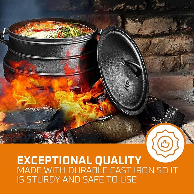 Bruntmor 12 Quart Cast Iron Dutch Oven Cauldron Pot - Camping Cookware with Lid - Pre-Seasoned Heavy-Duty Potjie for Stews, Soups, Braising, and Frying Over Fire Pit Grill or Camp Stove - Black