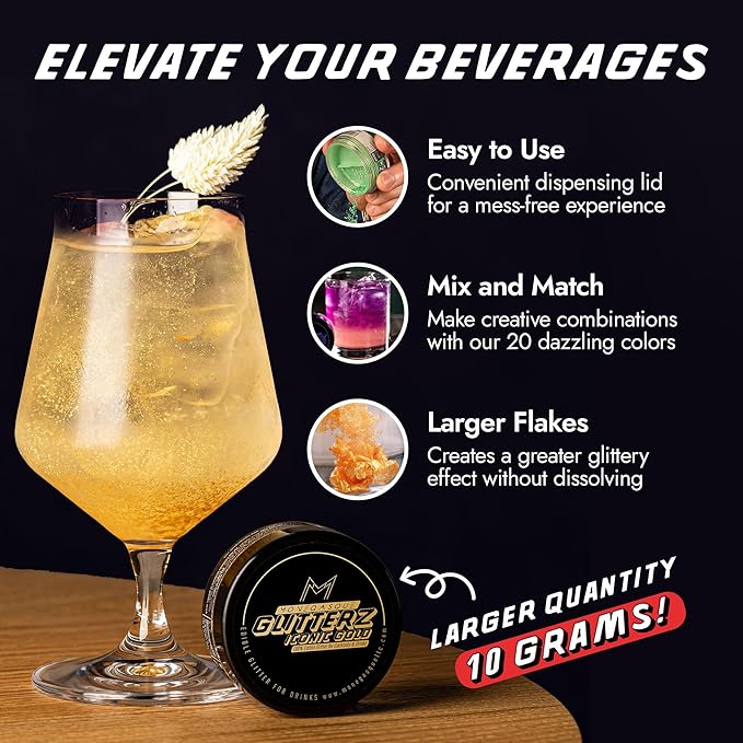 MONÉGASQUE Iconic Gold Edible Glitter for Drinks 10g – Edible Glitter for Cakes & Cocktails – Gold Sprinkles Spray for Food, Cupcake, & Cake Decorations – Halloween Cocktail & Drink Shimmer Powder