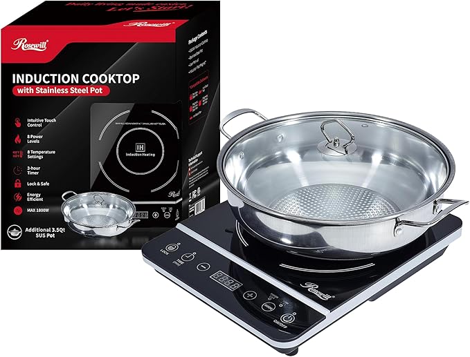 Rosewill Induction Cooker 1800 Watt, Induction Cooktop, Electric Burner with Stainless Steel Pot 10" 3.5 QT 18-8, RHAI-13001