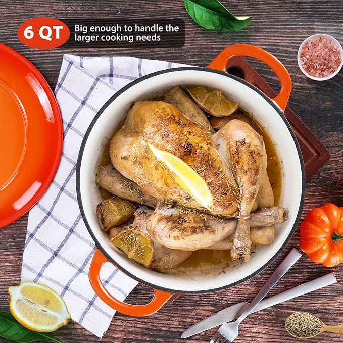E-far 6 Quart Dutch Oven, Enameled Cast Iron Dutch Oven Pot with Lid, Nonstick Round Cookware for Braising/Stews/Roasting/Bread Baking/Cooking, Heavy Duty, Induction & Oven Safe - Orange
