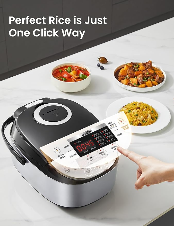 COMFEE' Rice Cooker 12 Cups Cooked/6 Cups Uncooked, Portable Non-Stick Rice Maker, Japanese Rice Cooker with Fuzzy Logic Technology, 24-Hour Timer Delay, 11 Presets, Steamer, Fast Rice Cooker, Grain Cooker, Black
