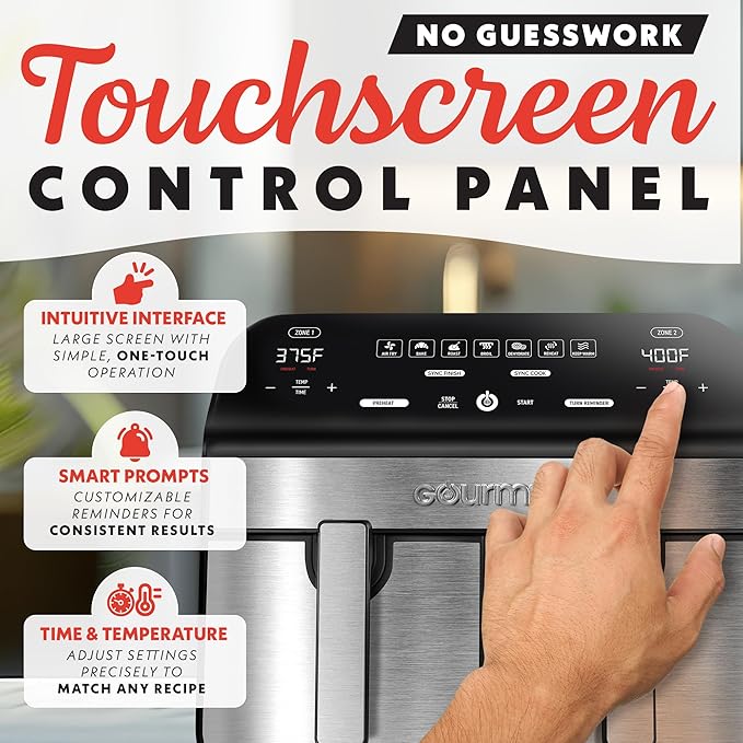 Gourmia Dual Basket Digital Air Fryer – 10 QT, FryForce 360° Technology, 7 Presets, Match Cook & Smart Finish, PTOA-Free Baskets & Crisper Trays, 1600W, Black