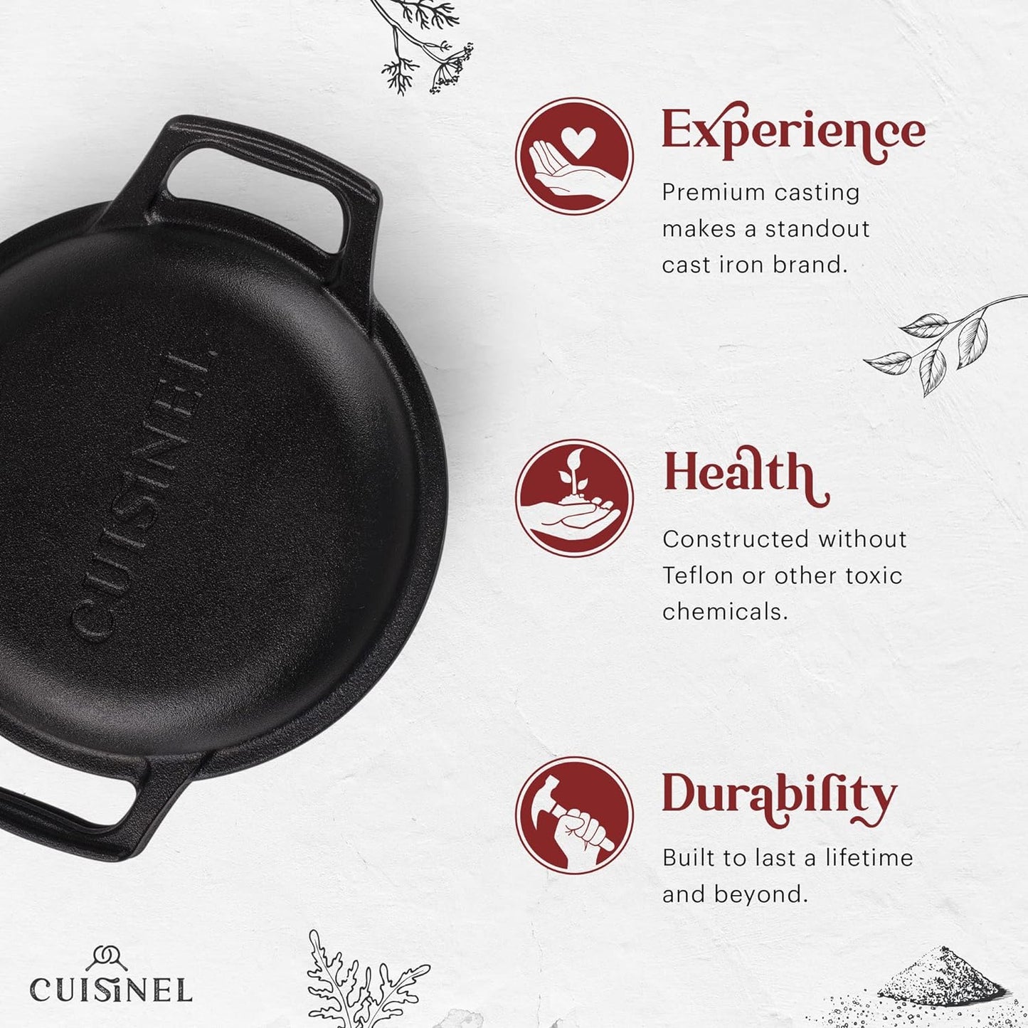 Cuisinel Cast Iron Dutch Oven - 3-Quart Deep Pot - Pre-Seasoned 2-in-1 Multi-Cooker - Combo Lid Doubles as 8"-inch Skillet Frying Pan + Silicone Handle Covers + Scraper - Use for Baking Bread