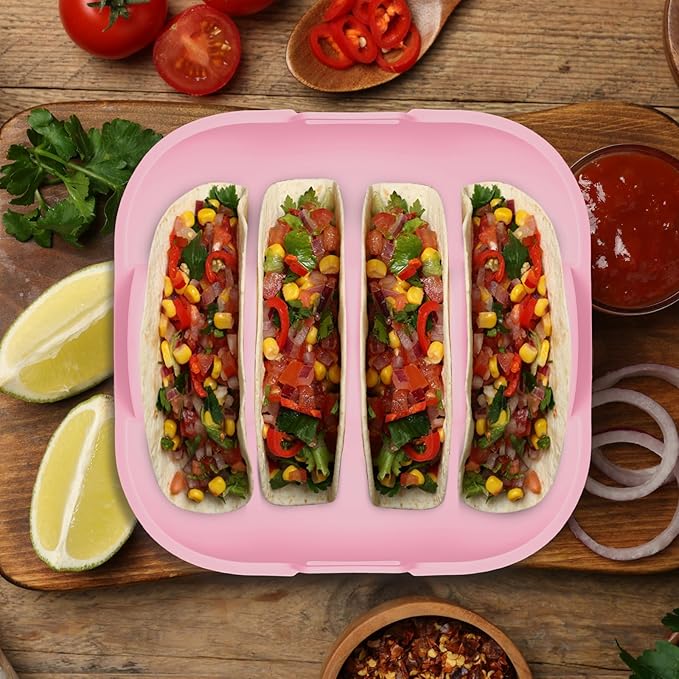 Remerry Silicone Taco Holder Plates Set of 2 Colorful Reusable Taco Holder with 4-Shell Slots for Hard/Soft Serving Plates Dishwasher Microwave Family Dinner Tortillas Party Serving(Blue, Pink)