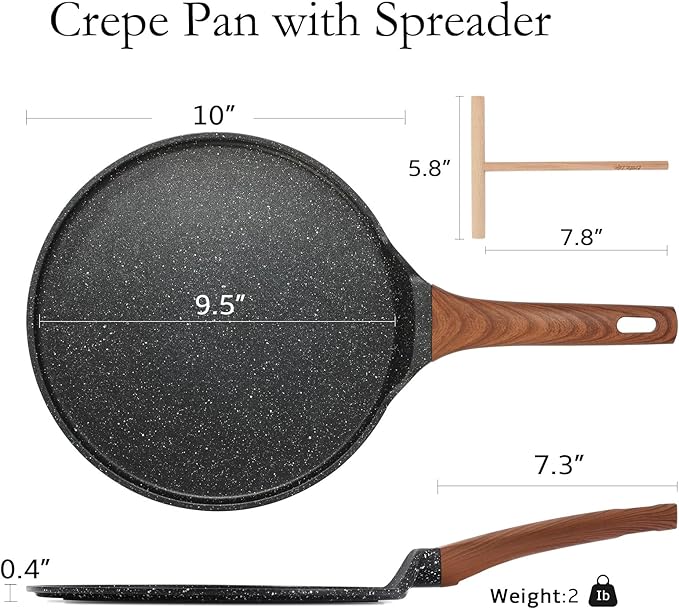 ESLITE LIFE 9.5 Inch Crepe Pan with Spreader, Nonstick Ceramic Flat Skillet Dosa Tawa Comales Para Tortillas Pancake Pan, PTFE & PFOA Free, Black