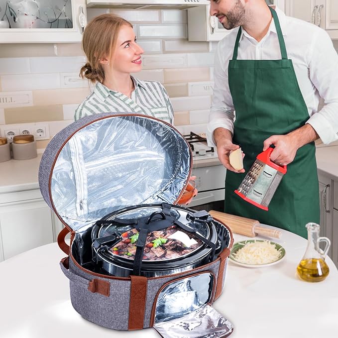 Insulated Slow Cooker Carrying Bag for 6-8 Quart CrockPot and Hamilton Beach Slow Cooker with See-thought Window, Portable Carrier Case with Adjustable Band and Accessory Pocket