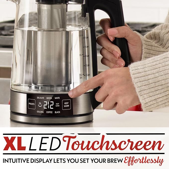 Gourmia Programmable Digital Glass Kettle – 1.7L Adjustable Temperature Electric Kettle with 6 Presets, Keep Warm, Stainless Steel Tea Infuser, 360° Swivel Base - Black