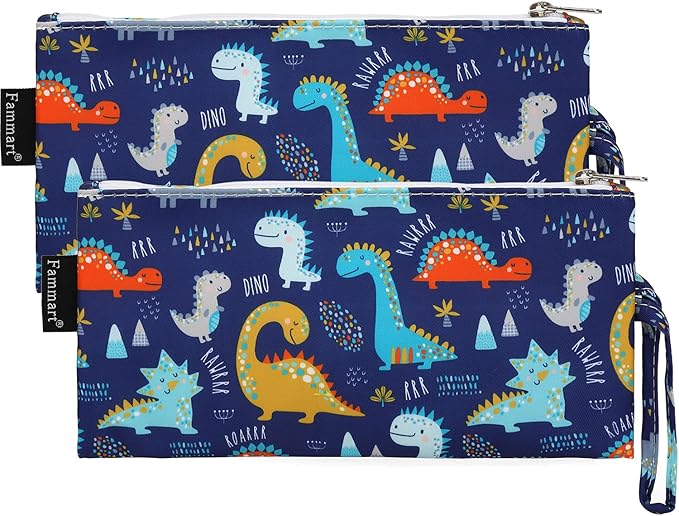 Reusable Sandwich Bag/Snack Bag for Kids & Adults, Dual Layer Lunch Bag with Handle, Washable, Food Safe, BPA Free (2-Pack, Dinosaur)