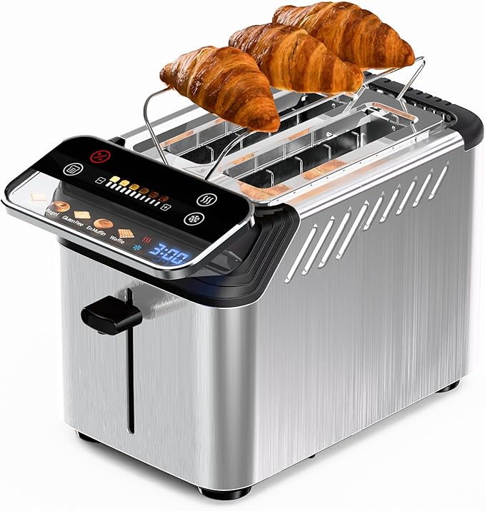 WHALL Toaster 2 Slice, Touch Screen Toasters with Projection Display, 1.5" Wide Slot, 5 Bread Types & 11 Shade Settings, Digital Timer, Warming Rack, Crumb Tray, Reheat/Defrost, Silver
