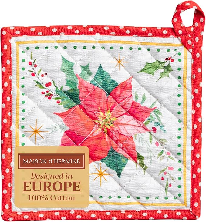 Maison d' Hermine Pot Holders 100% Cotton Heat Resistant Potholders 8" x 8" Hot Pads with Loop BBQ, Cooking, Baking, Grilling, Kitchen, Handling Hot Pans (Pack of 1, Poinsettia Christmas)