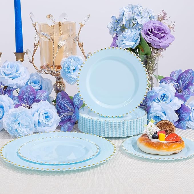 supernal 100PCS Blue Plastic Plates with Gold Beads - Disposable Heavy Duty Elegant Light Blue Plastic Plates Set Include 50 Dinner Plate and 50 Dessert Plate Perfect for Wedding, Birthday & Party