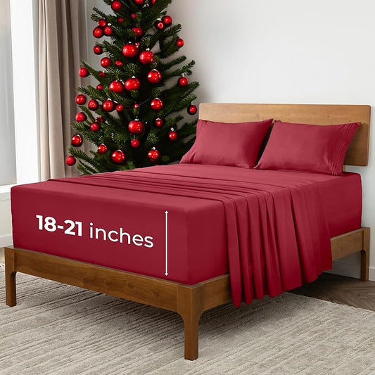 Mellanni Extra Deep Queen Sheets - 4 PC Iconic Collection Bedding - Hotel Luxury, Ultra Soft, Cooling Bed Sheets - Wrinkle, Fade, Stain Resistant (Queen, Brick Red)