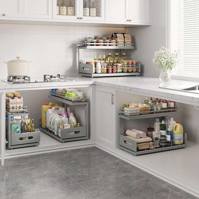 2 Pack 18 IN Depth Under Sink Organizer with Smooth Ball Bearing Slides,2-Tier Pull Out Cabinet Storage,Slide Out Drawers for Bathroom&Kitchen,Rust-resistant Coating,Height Adjustable-Gun Gray