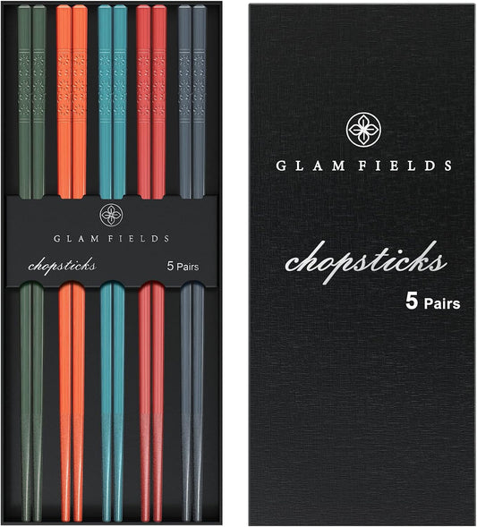 Chopsticks, GLAMFIELDS 5 Pairs Premium Reusable Multicolour Chopsticks for Sushi Japanese Matte Anti-slip Chop Sticks with Gift Case Lightweight Dishwasher Safe, 9.6 Inch