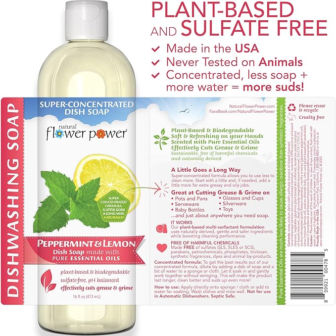 Plant-Derived Dish Soap - Sulfate-Free, Bio-Based, pH-Balanced, Vegan Cleaning Supplies - Peppermint & Lemon - 3 x 16 oz