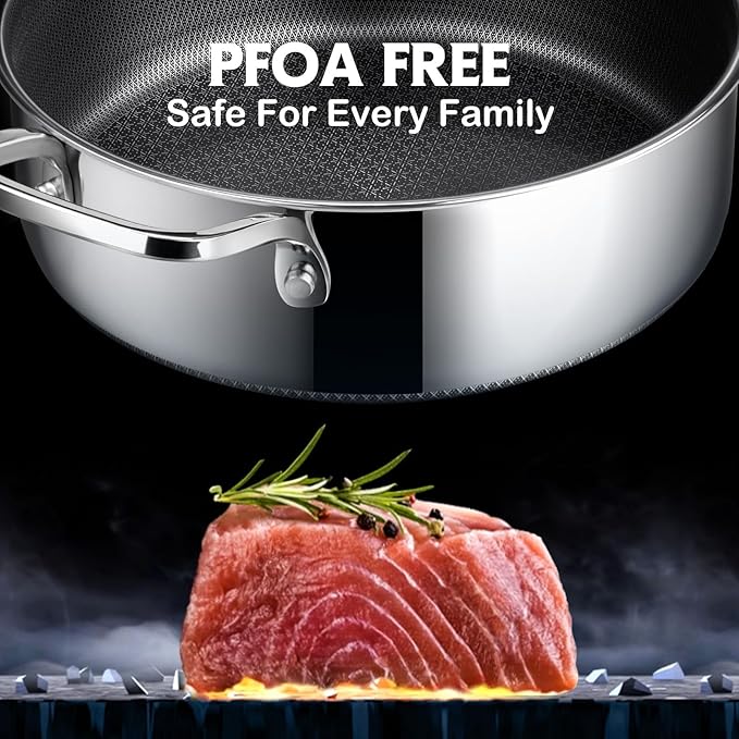 Frying Pans Nonstick with Lid,Hybrid Non Stick 5 Quart Saute pan,PFOA Free Cookware,Stainless Steel skillet,12 inch Deep Saute Pan,Dishwasher&Oven Safe,Works on All Cooktops