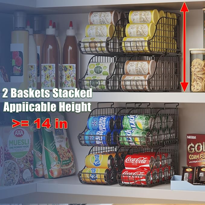 4-Pack Stackable Canned Food Organizer with Handles for Kitchen, Soda Can Organizer for Pantry Shelves, Wire Cabinet Shelf for Can Storage, Foldable Soda Dispenser, Patent Pending, Black