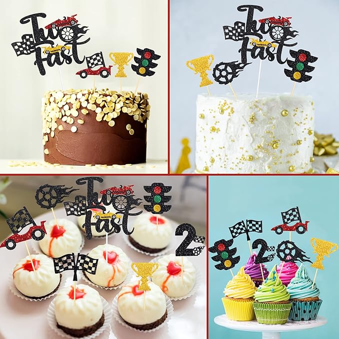 Gersoniel 49 Pack Two Fast Cake Toppers Cake Decoration Double Sided Trophy Flag Race Car Birthday Party Supplies