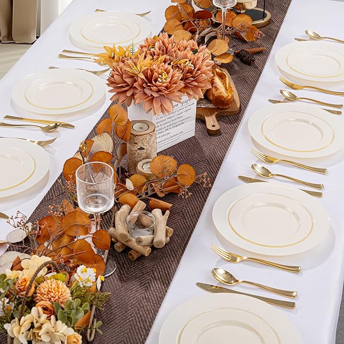 I00000 102 Pcs Ivory Plastic Plates, Disposable Party Plates Include 51 Ivory Dinner Plate 10’’ and 51 Plastic Dessert Plate 7’’ Perfect for Birthday, Party & Wedding