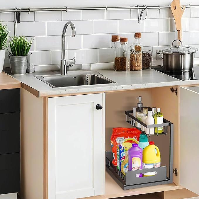 VUSIGN Under Sink Organizer, 2 Tier Pull Out Bathroom Cabinet Organizer, Under Kitchen Sink Organizers and Storage, Under Sink Shelf,2 Pack, Black