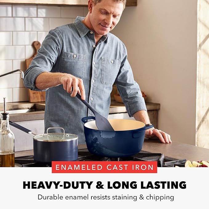 GreenPan x Bobby Flay 5.5QT Enameled Cast Iron Round Dutch Oven with Lid, Dual Handles, Oven Safe to 500F & Induction Suitable, Self Basting Lid, Ultra-Durable, Sear, Braising, Bread, Stews, Cobalt