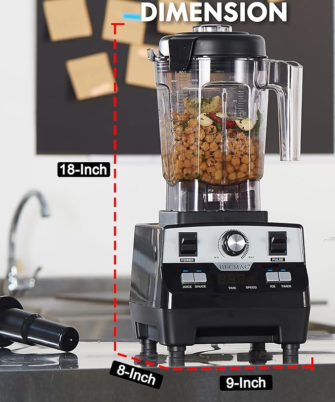 HECMAC 3-Peak HP Blender - 2200W Max/1400W Rated, 68oz BPA-Free Pitcher, 3 Programs, Self-Clean, Tamper - Smoothies, Ice Crush, Frozen Drinks, Food Prep - Home & Commercial, 110V