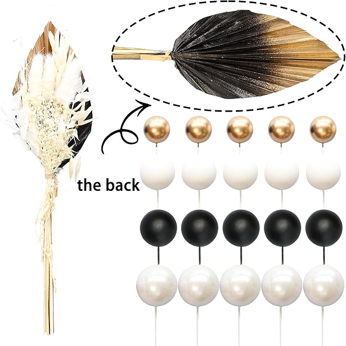 Gyufise 21 Pack Flower Boho Cake Topper Ball Cake Decorations Palm Leaves Plants Cake Decor for Girl Bohemian Princess Theme Wedding Baby Shower Birthday Party Supplies White Gold