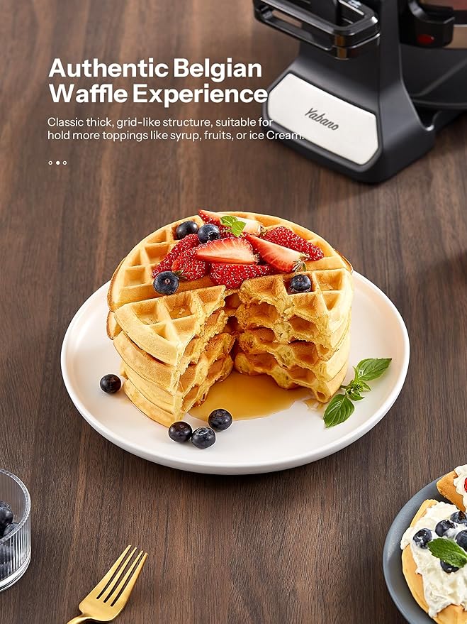 Belgian Waffle Maker, Classic Rotating Waffle Iron with Nonstick Plates, Removable Drip Tray and Cool Touch Handles, Double Flip Waffle, Rotating Belgium Waflera Maker by Yabano, Brushed Stainless