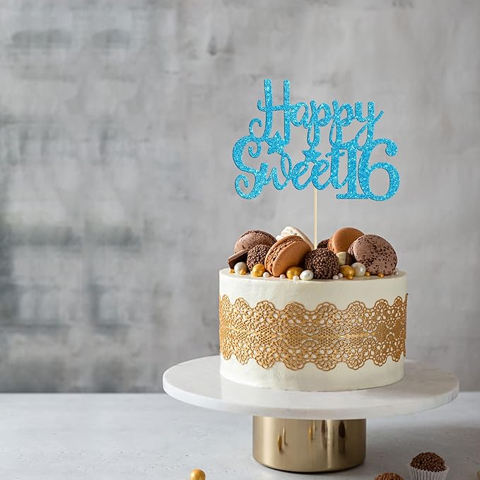 Gyufise 1Pc Happy Sweet 16 Cake Topper Glitter 16th Birthday Cake Pick for Cheers to 16 Years Old 16th Birthday Party Cake Decorations Supplies Light Blue