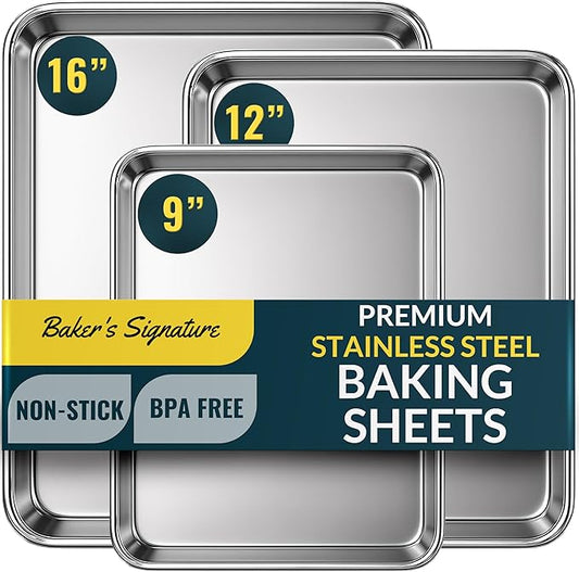 Baker’s Signature Stainless Steel Cookie Sheet Pan, Stainless Steel Baking Sheet Set of 3, Mirror Finish, Non-Stick, Rust Resistant, BPA Free, Dishwasher Safe, 9/12/16 Inch
