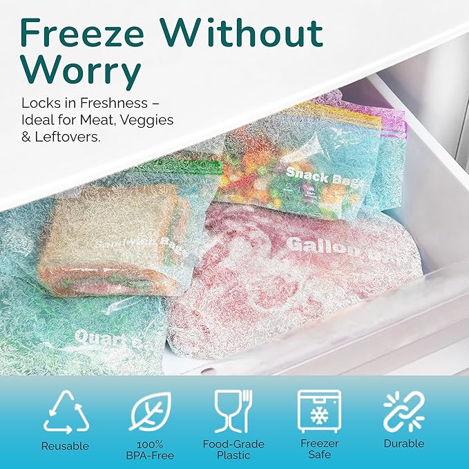 J&&J FRESH Reusable Food Storage Bags – 260 Pack Variety Pack (Snack, Sandwich, Quart, Gallon) – BPA-Free, Leakproof Zipper Bags with Expandable Bottom – Freezer Bags Safe, Kitchen & Pantry Organizer