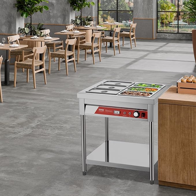 VEVOR 6-Pan Commercial Food Warmer, 6 x 1/3 Pans Electric Steam Table, 1500W Professional Buffet Catering Food Warmer with Undershelf, Stainless Steel Server for Restaurant Party Hotel