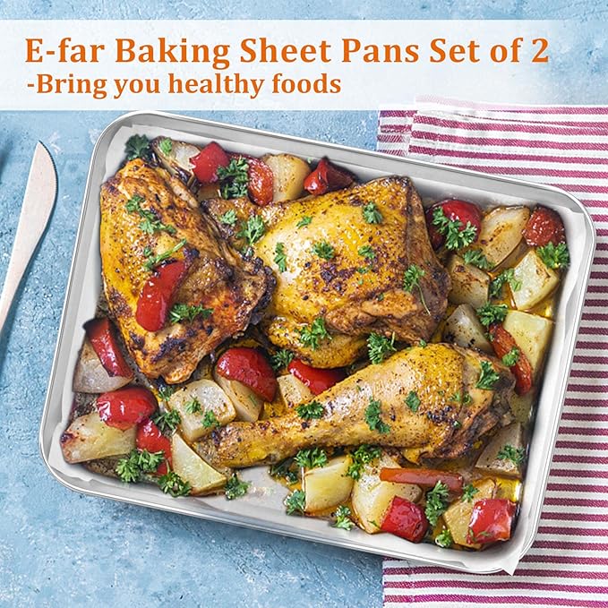 Small Baking Sheet Set of 2, E-far 9.4”x7.3” Toaster Oven Stainless Steel Cookies Sheet Pan with 50 Parchment Paper, Rectangle Mini Baking Tray for Cooking, Rust Free & Heavy Duty, Dishwasher Safe